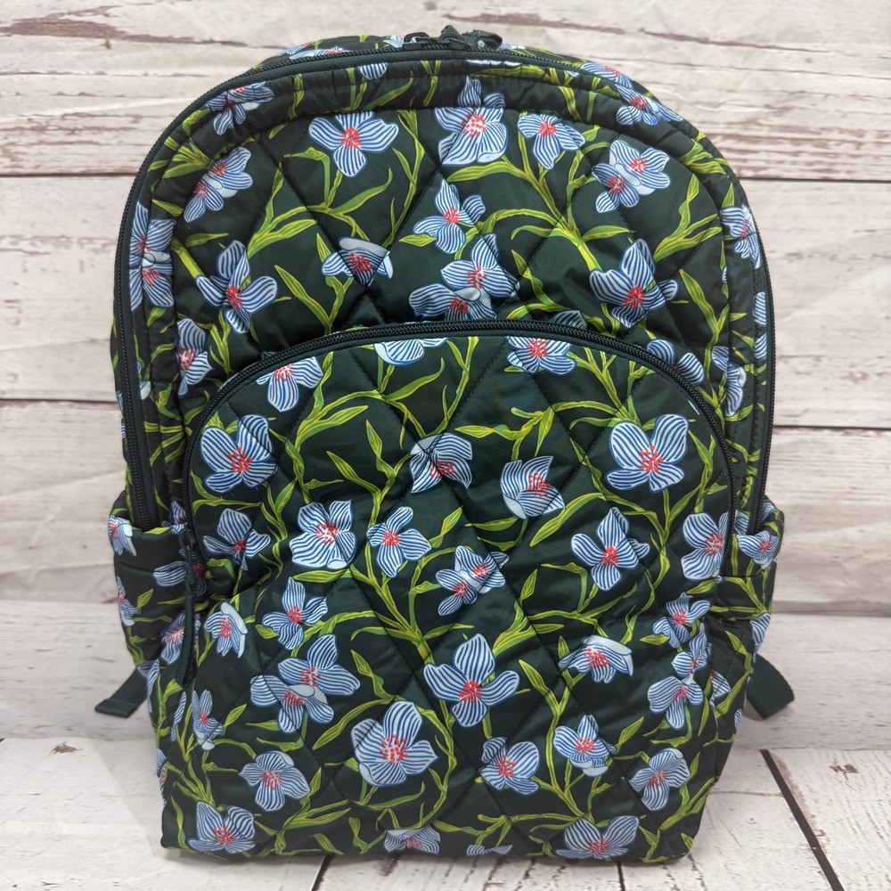 Vera Bradley Quilted Floral Backpack Dark Green Blue Striped Lily School Travel